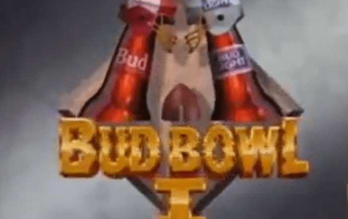 Bub Bowl 1 logo featuring 2 beer bottles placed neck to neck with a Budweiser American football helmet and a bud light American football helmet.
